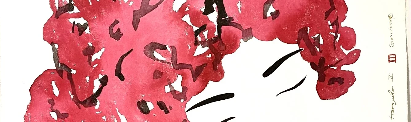 Obras de arte Flora Tranquila II, composición de rostro femenino con flores rojas y rosas sobre fondo claro.