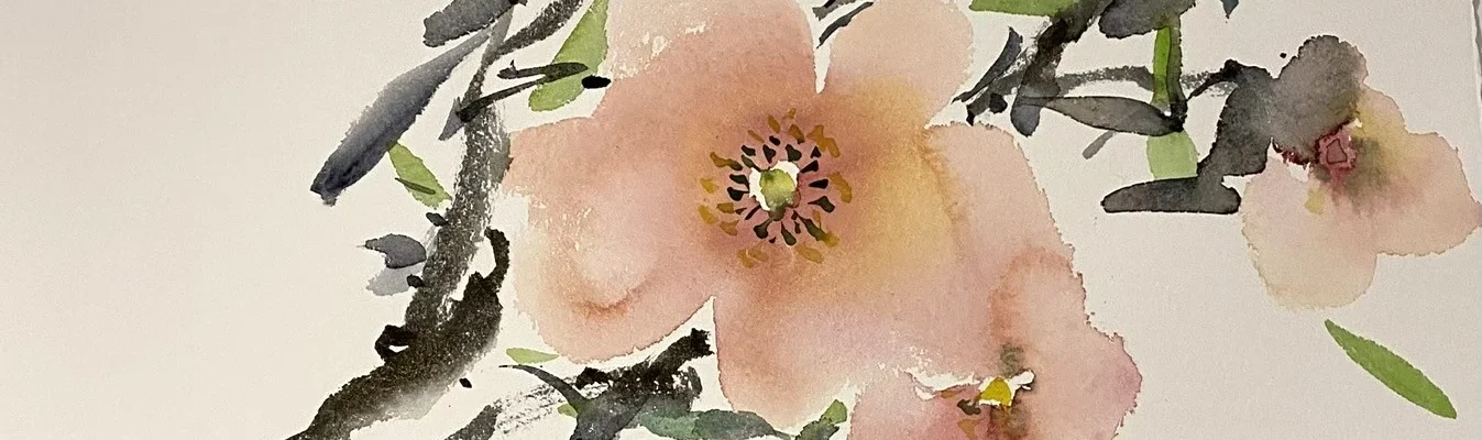 Obra de arte Gracias, acuarela floral con flores rosadas, ramas oscuras y hojas verdes sobre fondo blanco.