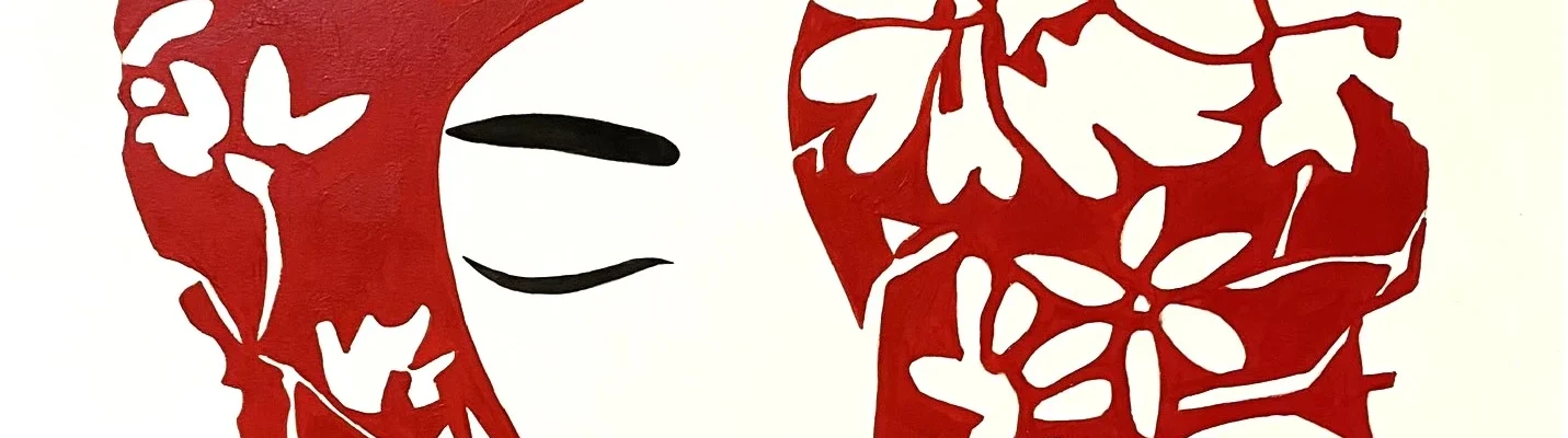 Obras de arte Pelirroja XXIII, rostro femenino estilizado rodeado de formas florales rojas sobre fondo blanco.